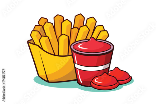 Cartoon French Fries with Ketchup Dipping Cup Isolated