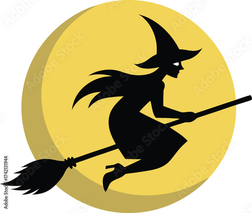 Black witch silhouette flying on broomstick against yellow moon