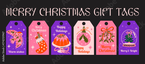 Christmas gift tags design, present labels, cards, stickers, vector elements set for winter holidays packaging with cute cartoon illustration of Xmas ornament, snow ball, mistletoe, bow, bauble