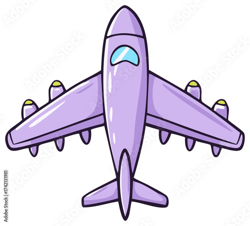 Purple Passenger Airplane Cartoon Illustration Top View for Travel and Aviation Design