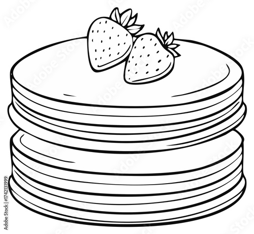 Black and white illustration of a stack of pancakes topped with fresh strawberries