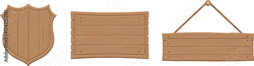 Set of handcrafted wooden signboards with hanging rope, rustic blank wood boards for design, cafe, shop, and home decoration