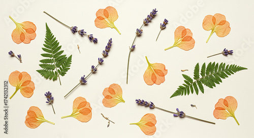 Dreamy Botanical Pattern Orange Petals Lavender Fern Leaves
