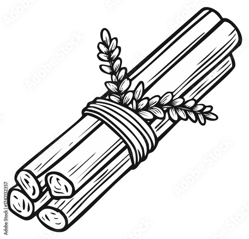Bundled Sticks of Cinnamon with Decorative Sprig Monochrome Vector Illustration