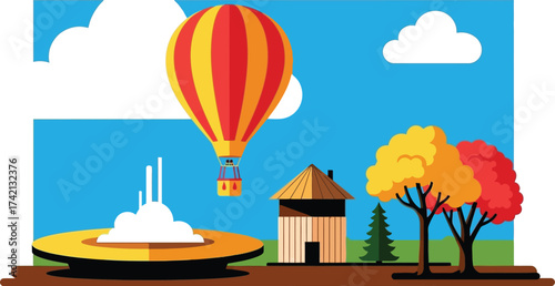 Illustration of hot air balloon over landscape with buildings editable stock