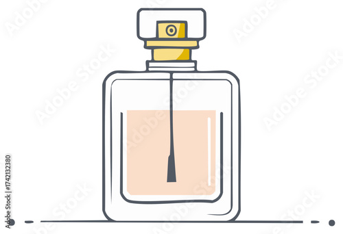 Simple line drawing of a glass perfume bottle with golden spray pump and light pink liquid inside.