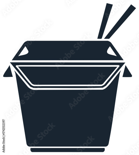 Vector illustration of takeaway food box with chopsticks, icon, and design element.