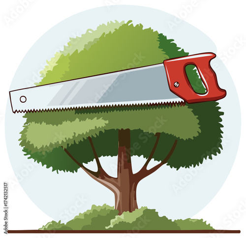 Saw cutting tree cartoon illustration, deforestation concept