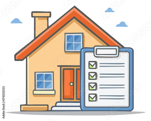 Doodle style home icon with a checklist for inspection real estate and property survey concept