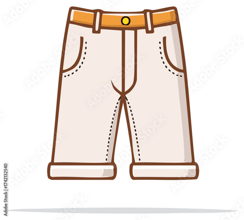 Light colored casual trousers with folded hems and a yellow button belt