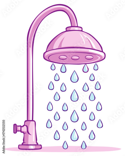 Pink shower head with falling water droplets, hygiene, clean, shower stream in bathroom cartoon illustration