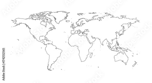 Detailed black and white world map outline illustration.