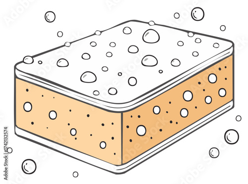 Cartoon cleaning sponge with water droplets and bubbles for household chores