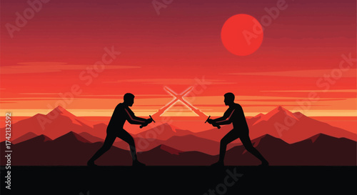 Two silhouetted figures duel with glowing swords against a dramatic sunset sky and mountain landscape.