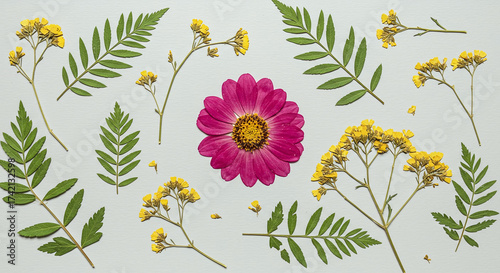 Cheerful Botanical Array Pink Flower Green Leaves Yellow Blooms