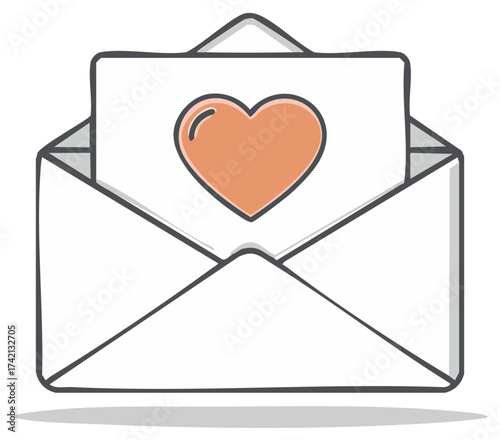 Hand drawn illustration of an open envelope with a love letter and heart symbol