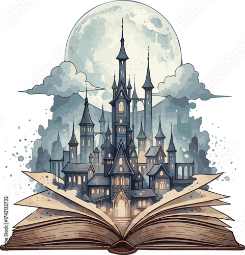 Fantasy sf open book with mystery cityscape and moon, isolated on a white background, watercolor clipart illustration.