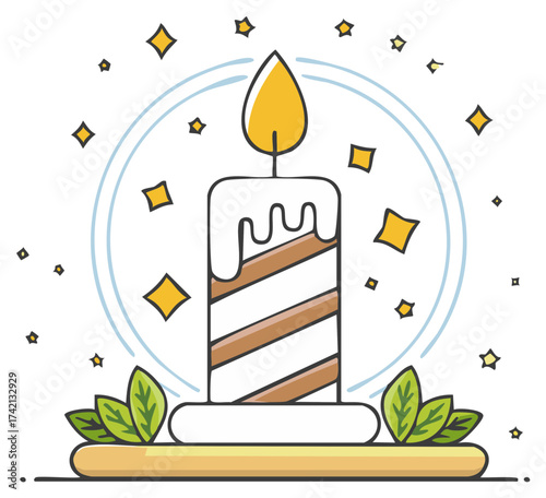 Festive striped candle with dripping wax and sparkling stars