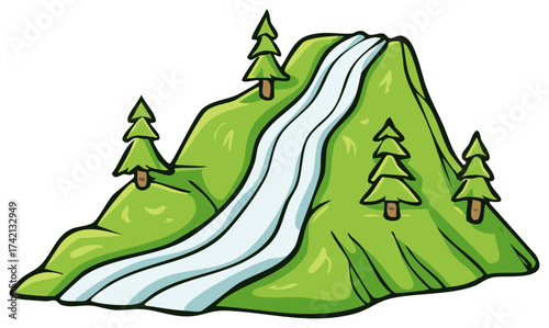 Cartoon Mountain with Waterfall and Coniferous Trees Landscape Illustration