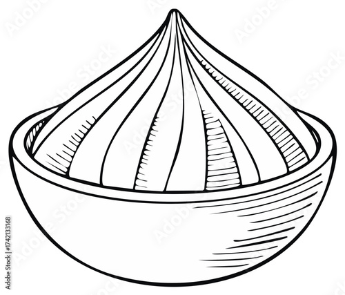 Hand-drawn illustration of a cream puff in a bowl with striped shading