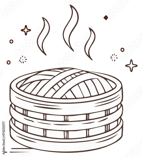 Line art illustration of a traditional bamboo steamer with hot steam for Asian food