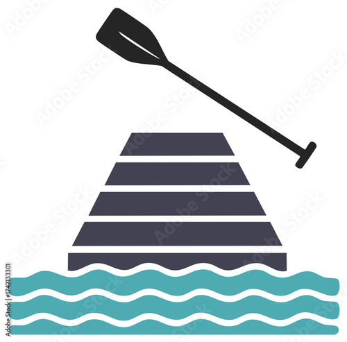 Simple vector icon of a wooden raft and paddle floating on wavy water