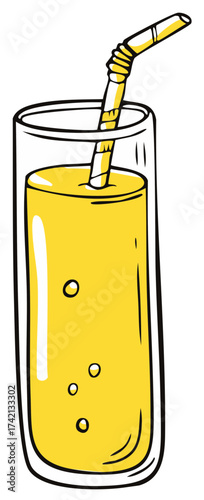 Tall glass of yellow juice or soda with a bendy straw cartoon vector illustration