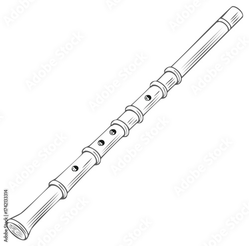 Line art illustration of a simple traditional wooden wind instrument with finger holes, resembling a folk flute.