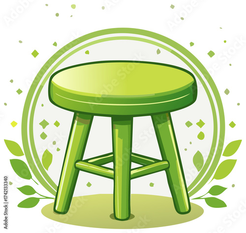 Simple green cartoon stool illustration in a natural leaf frame, an eco-friendly icon.