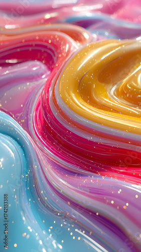 Abstract colorful waves with gold, pink, and blue tones highlighted by glitter sparkles