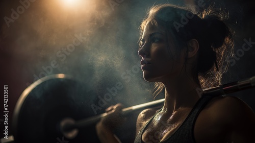 Female CrossFit athlete lifting weights, dramatic side lighting, cinematic gym atmosphere, dust and sweat highlighted, high contrast, horizontal composition