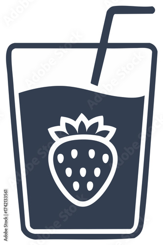 Glass of strawberry smoothie or fresh juice vector icon with a straw