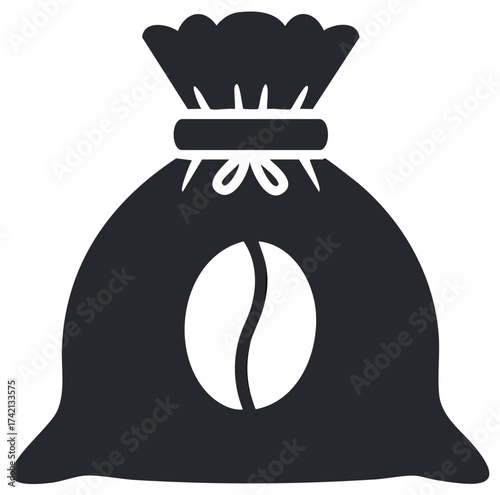 Coffee beans in sack icon design concept. Black silhouette of bag of raw coffee with a grain.
