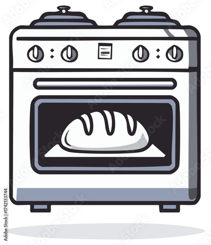 Cartoon illustration of bread loaf baking inside an oven appliance.