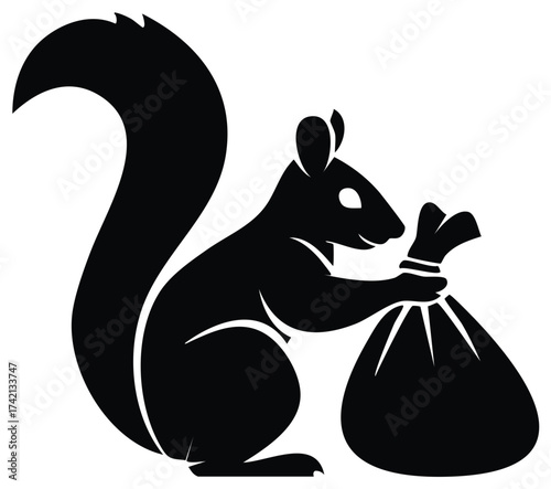 Silhouette illustration of a squirrel holding a sack animal character concept vector art