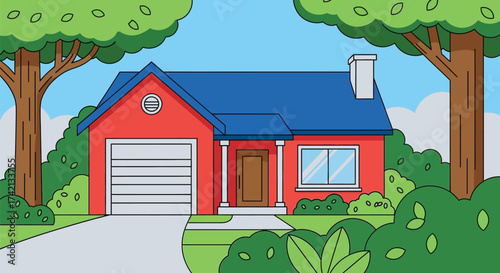 Charming red house with blue roof nestled amongst lush green trees and foliage