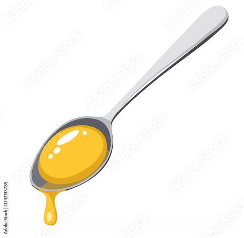 Teaspoon of golden honey dripping in illustrative style on plain background