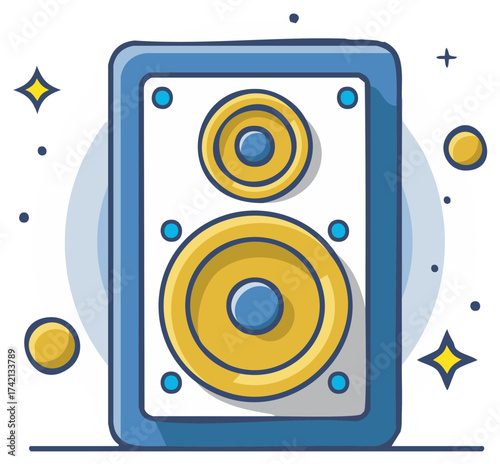 Vibrant blue and yellow audio speaker for music party sound and celebration illustration