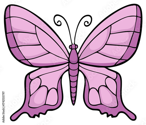 Cartoon Pink Butterfly with Outline and Veins on Wings