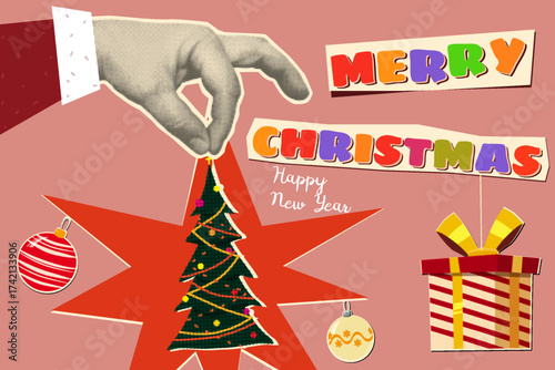 Christmas and New Year vintage background. Hand of Santa Claus hold Christmas tree