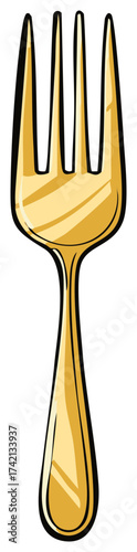 Shiny Golden Fork with Four Tines and Black Outline Perfect for Dining Illustrations