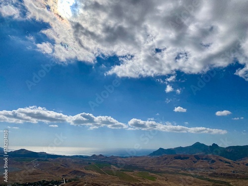 Scenic view of a mountain landscape and blue skies with clouds.