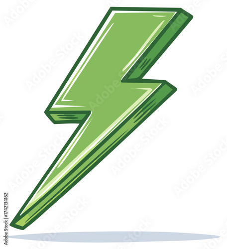 Stylized Green Lightning Bolt Symbol with Cartoon Graphic Design and Electric Power