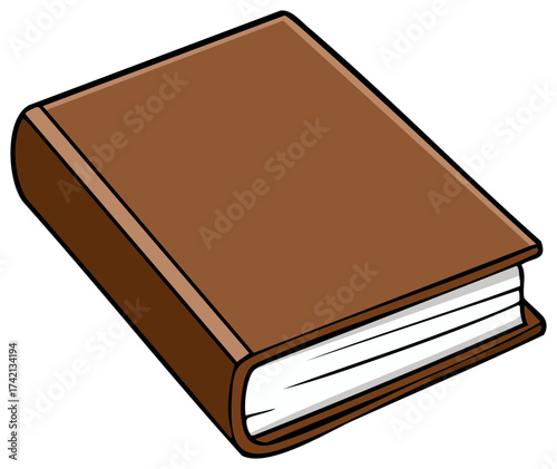 Illustration of a closed brown hardback book with white pages for reading learning literature