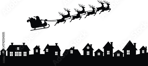 Santa's sleigh flies over a quiet town at night, bringing holiday magic