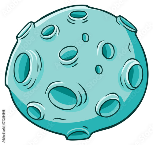 Cartoon illustration of a teal moon covered in craters suitable for space exploration or astronomical themed design projects