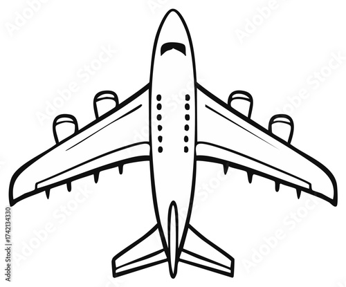 Stylized Top View Line Art Illustration of a Passenger Jet Aircraft Representing Air Travel and Global Transportation