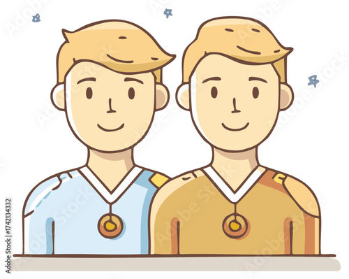 Illustration of Two People, Each with a Matching Outfit and Smiling Expression