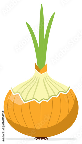 Cartoon Yellow Onion Bulb with Green Sprouts Food Ingredient Illustration