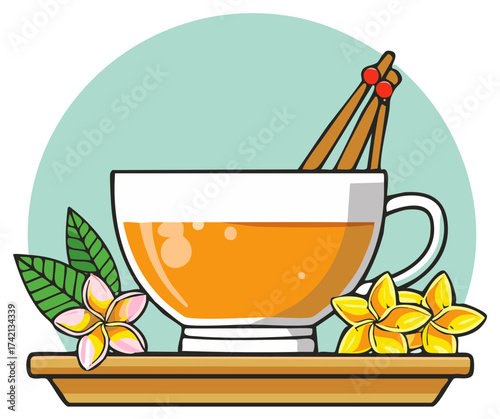 Relaxing herbal tea in a clear glass cup with flowers and cinnamon sticks